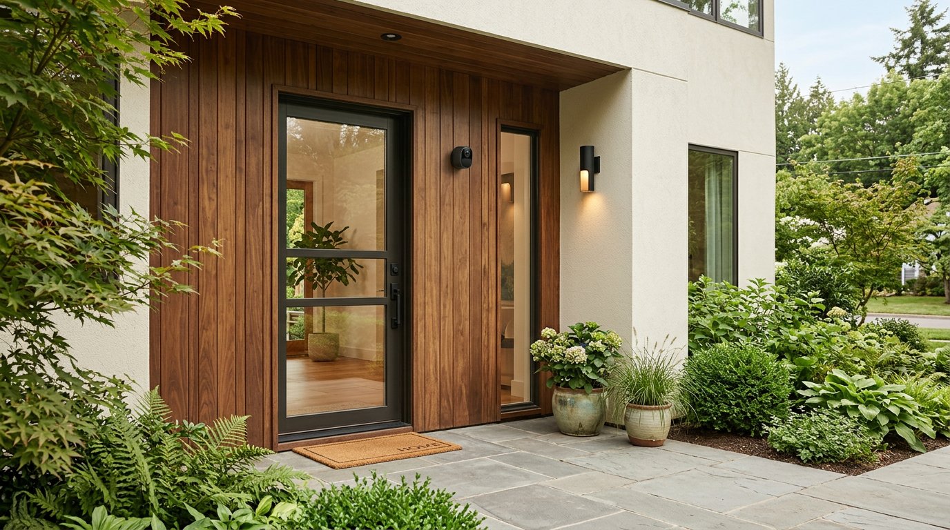 Modern timber entry with a discreet home security camera