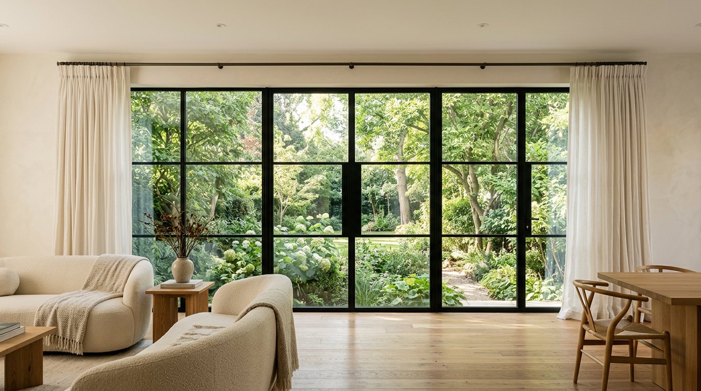 Large black-framed replacement windows looking out to leafy greenery
